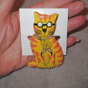 NEW Carved Wood Cat Brooch Pin Kitten Bolo Tie Glasses Whimsical Anthropomorphic